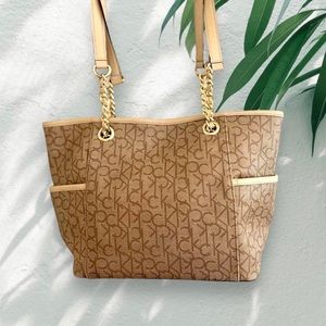 Vintage 90s Calvin Klein Minimalist Essential Brown Gold Chic Leather Tote Bag